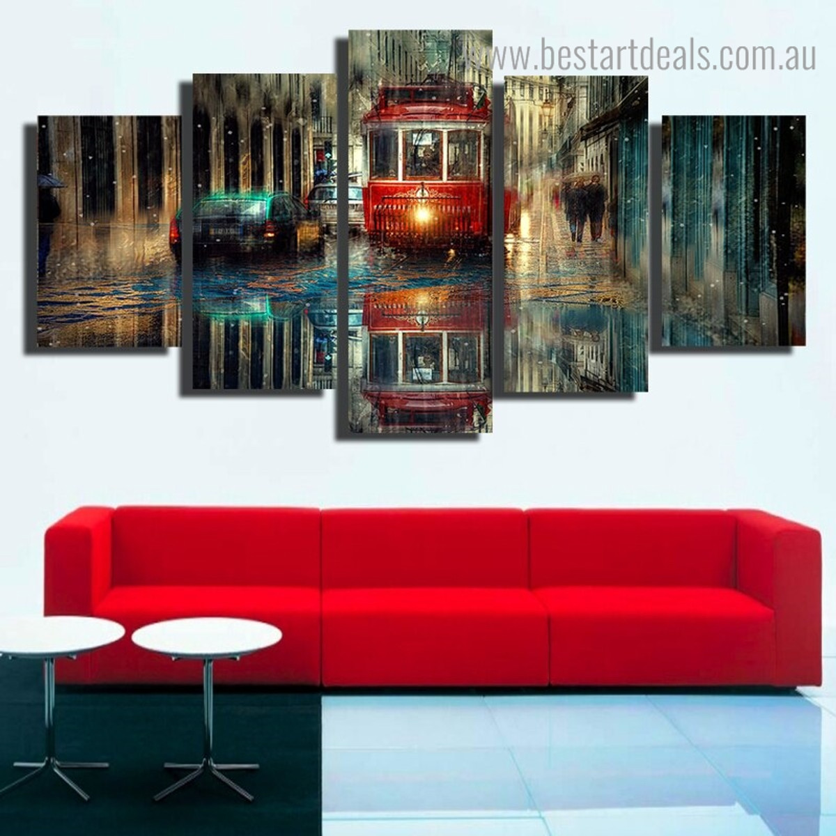 Red Retro Tram City Vintage Framed Painting Picture Canvas Print for Room Wall Tracery