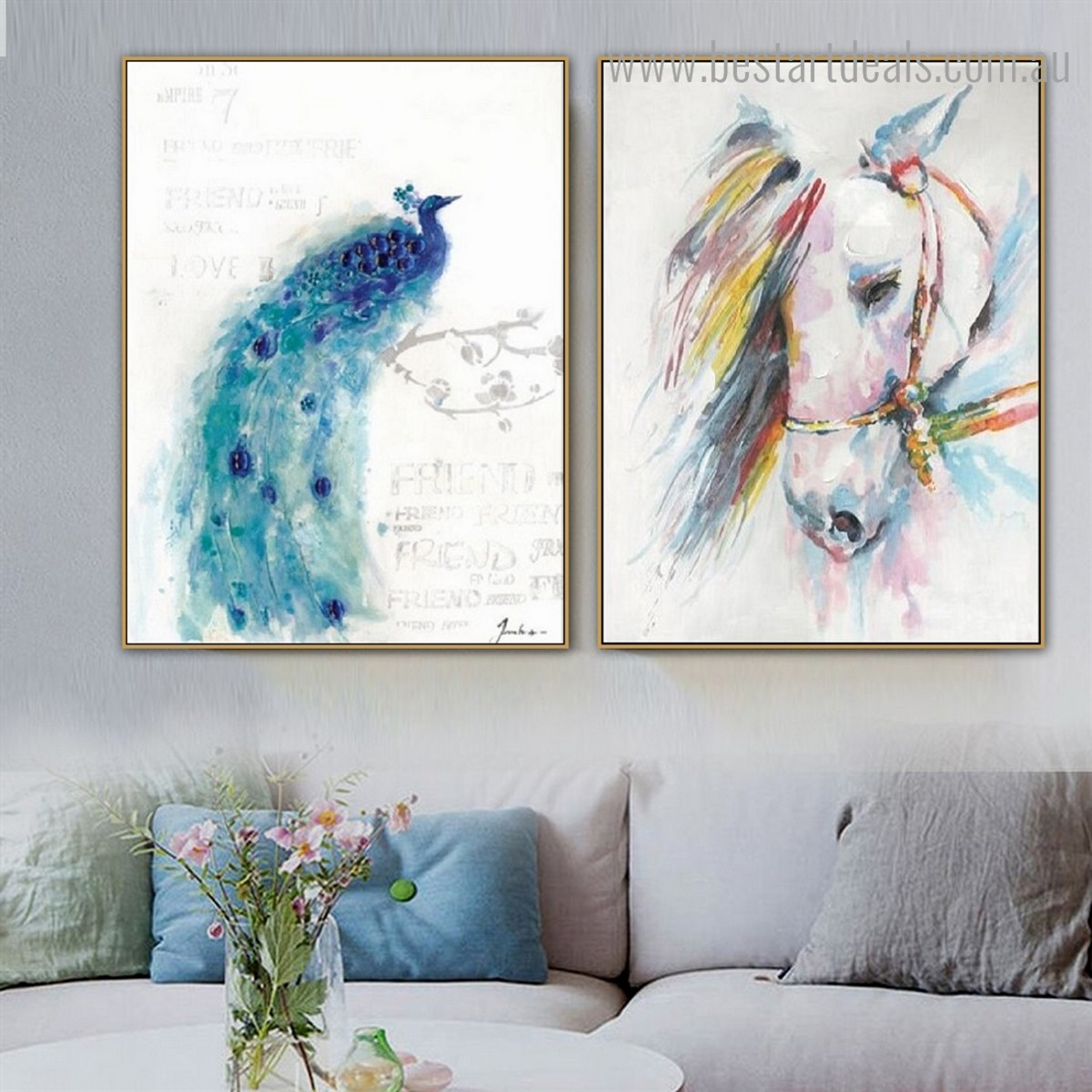 Peafowl and Horse Abstract Animal Bird Framed Painting Portrait Canvas Print for Room Wall Ornament