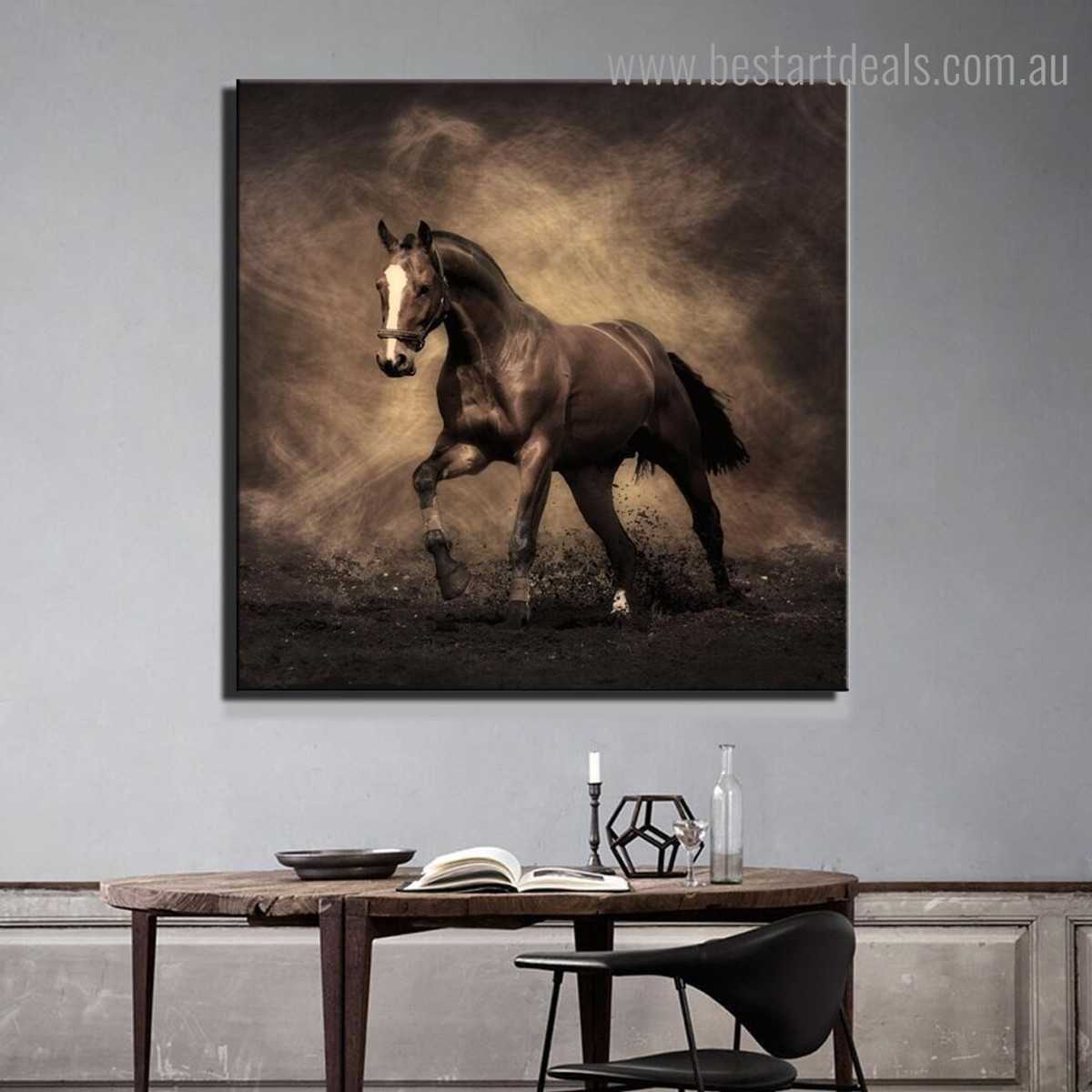 Running Steed Animal Modern Framed Smudge Image Canvas Print for Room Wall Decoration