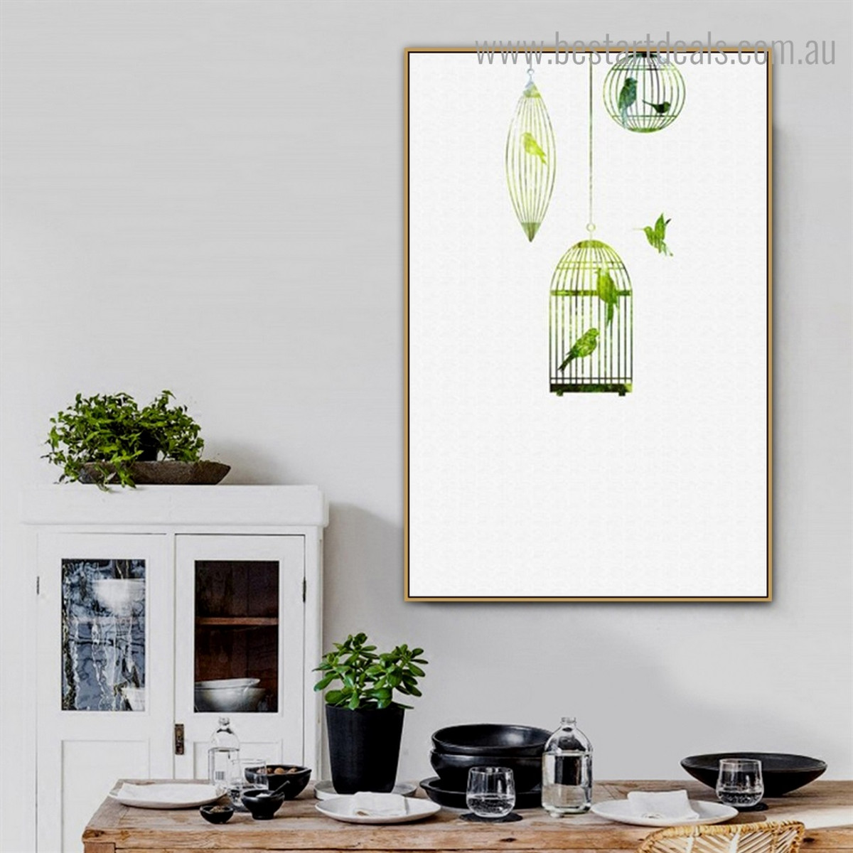 Green Cage Abstract Bird Nordic Framed Painting Image Canvas Print for Room Wall Decor