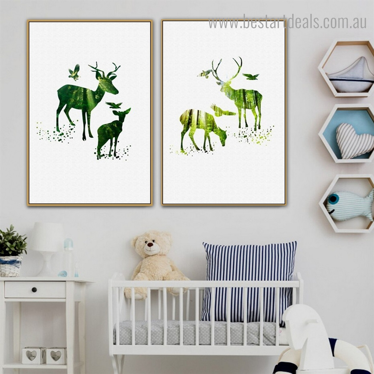 Elk and Birdies Abstract Animal Nordic Framed Artwork Photo Canvas Print for Room Wall Onlay