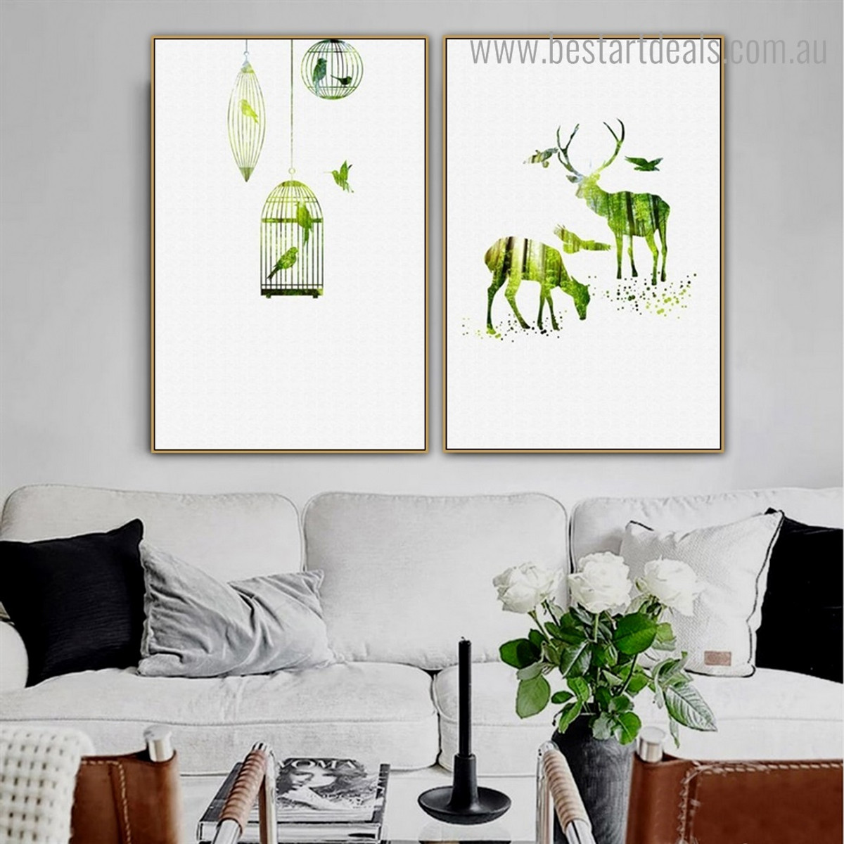 Green Deer Birds Abstract Nordic Framed Painting Photo Canvas Print for Room Wall Tracery