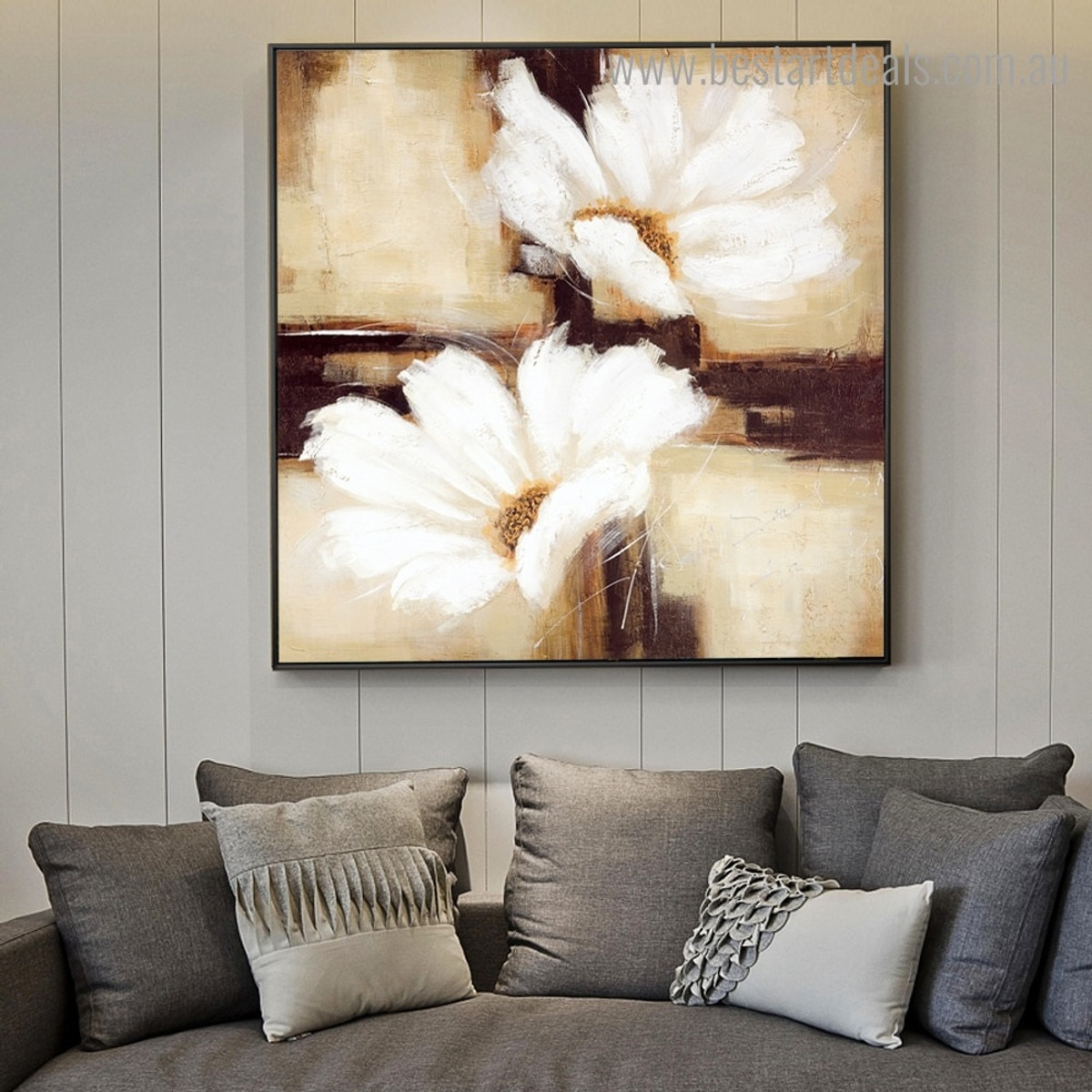 Two White Blossoms Abstract Floral Contemporary Framed Painting Photo Canvas Print for Room Wall Outfit