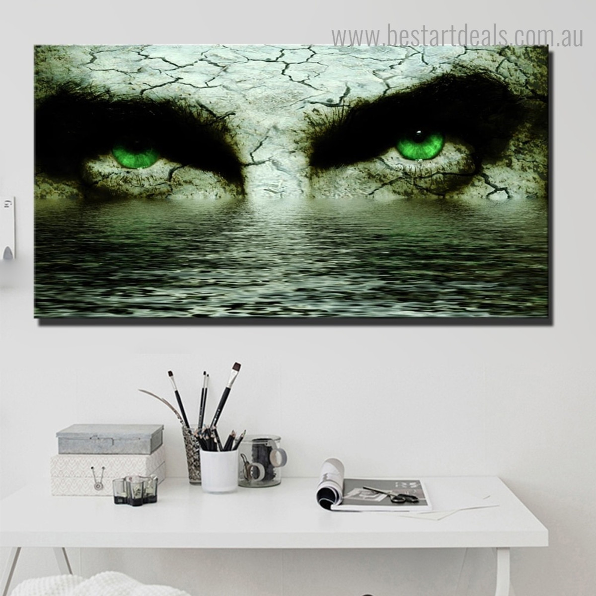 Green Eyes Abstract Contemporary Framed Effigy Photo Canvas Print for Room Wall Decoration