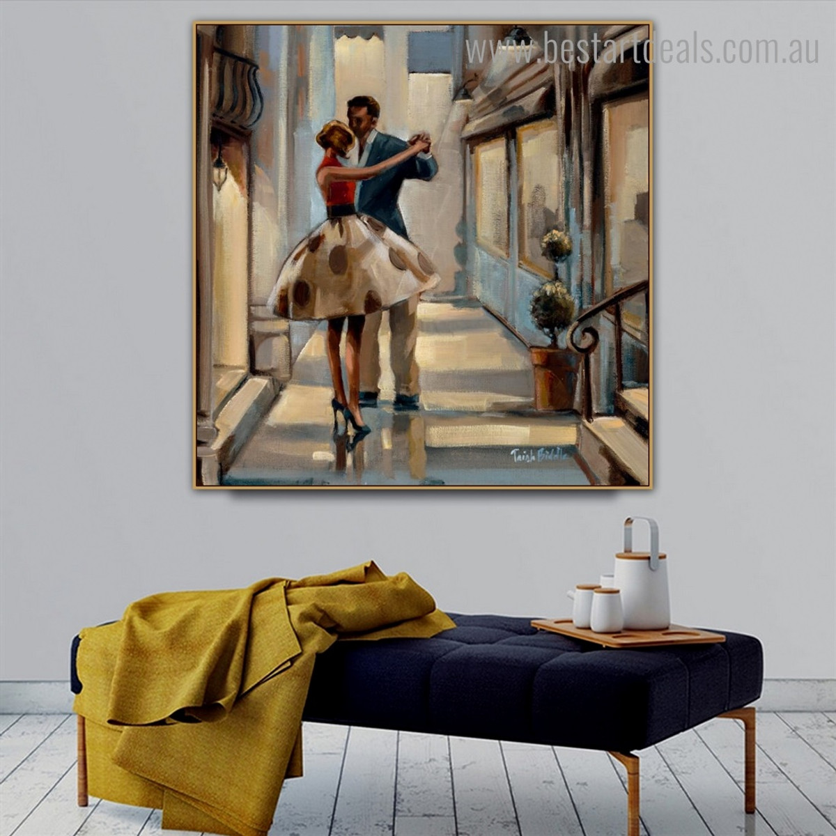 Couple Dance Abstract Figure Modern Framed Smudge Image Canvas Print for Room Wall Garniture