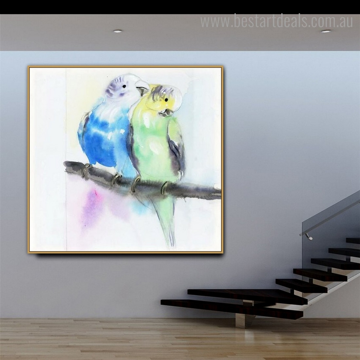 Budgie Parrot Abstract Bird Watercolor Framed Painting Photo Canvas Print for Room Wall Ornament