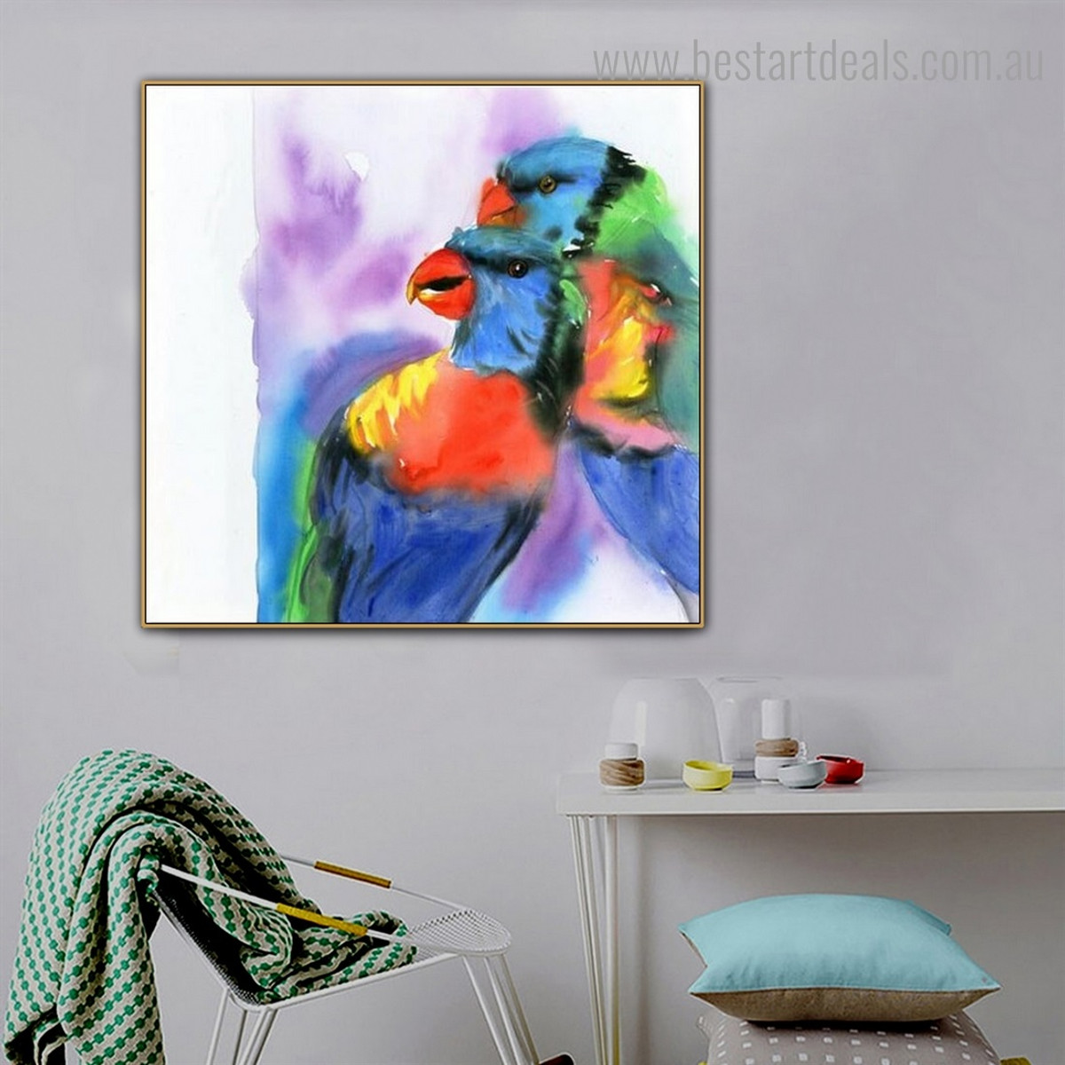 Blue Green Parrot Abstract Bird Watercolor Framed Painting Photo Canvas Print for Room Wall Ornament