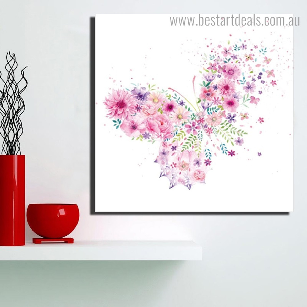 Butterfly of Flowers Abstract Watercolor Framed Effigy Photo Canvas Print for Room Wall Drape