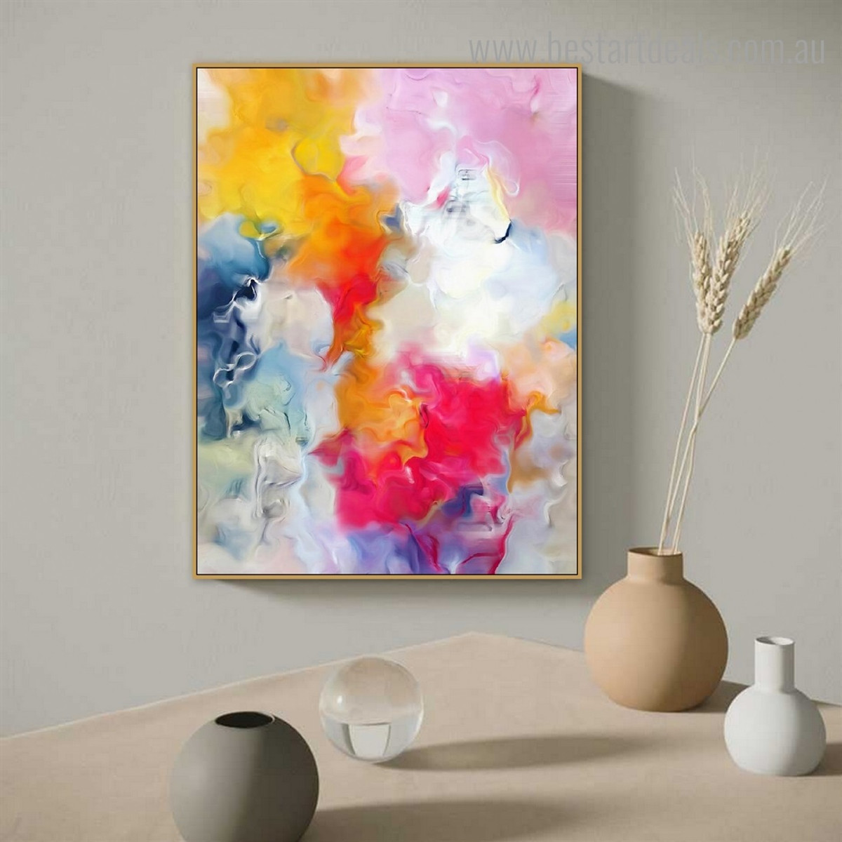 Red White Abstract Watercolor Modern Framed Smudge Image Canvas Print for Room Wall Flourish