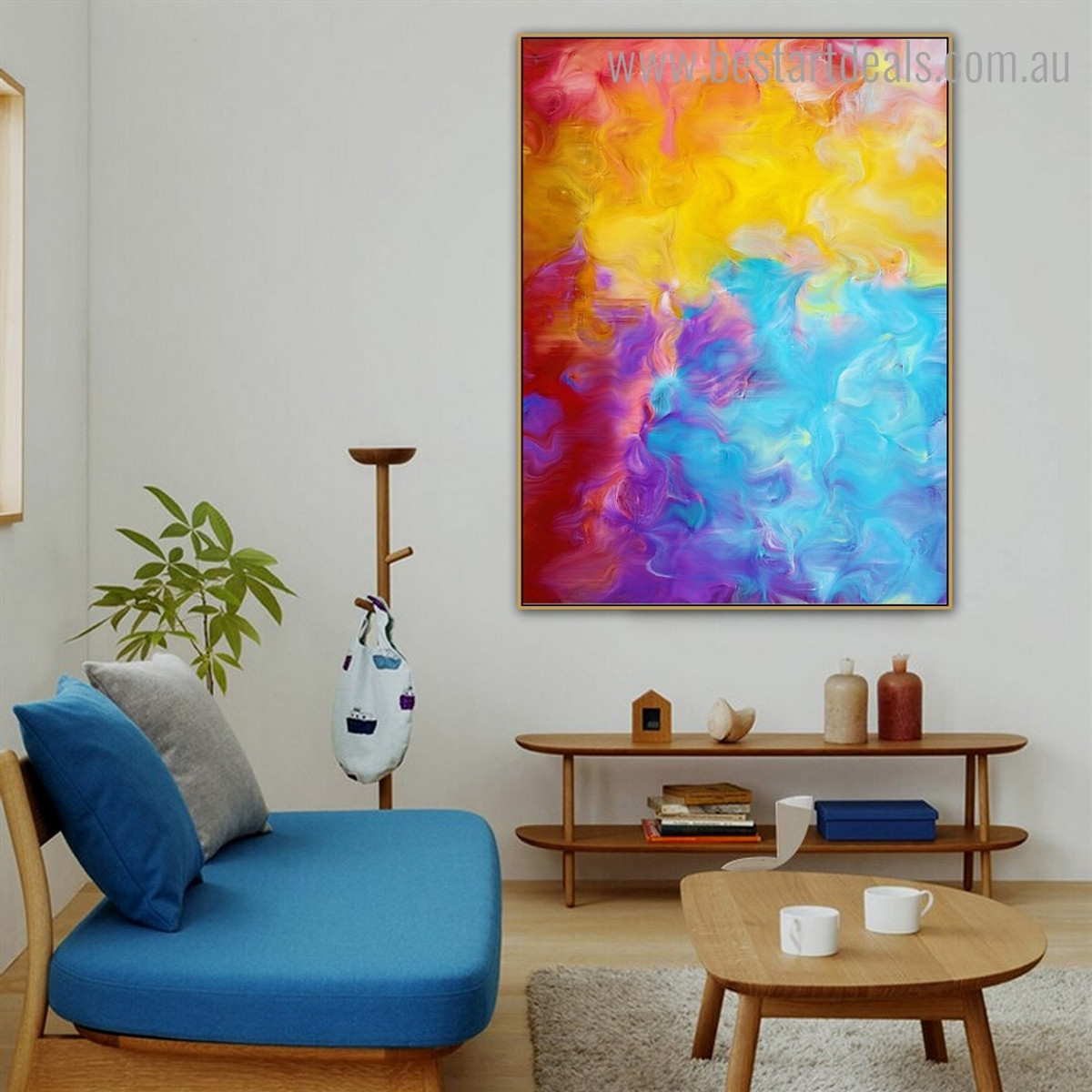 Yellow Blue Abstract Watercolor Modern Framed Smudge Portrait Canvas Print for Room Wall Outfit