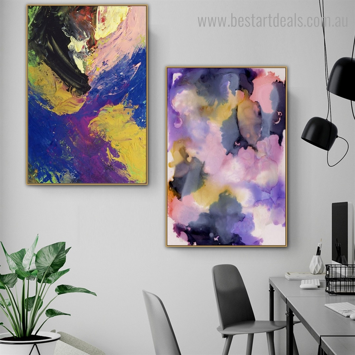 Yellow Purple Abstract Watercolor Modern Framed Artwork Portrait Canvas Print for Room Wall Disposition