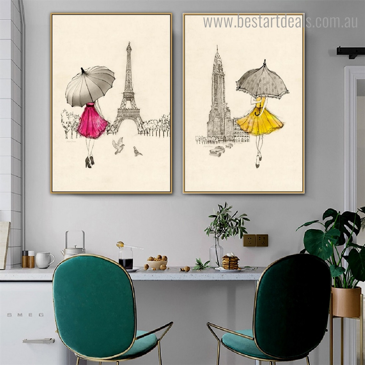 Girl Holding Parasols Abstract City Framed Painting Pic Canvas Print for Room Wall Onlay