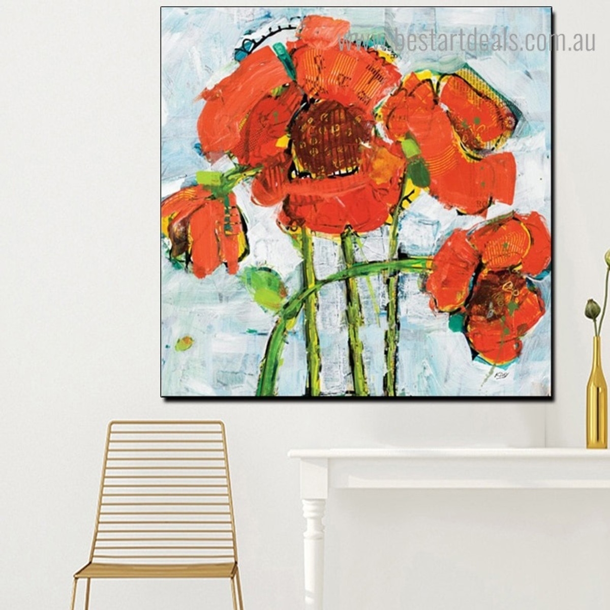 Red Florets Abstract Floral Watercolor Framed Painting Image Canvas Print for Room Wall Disposition