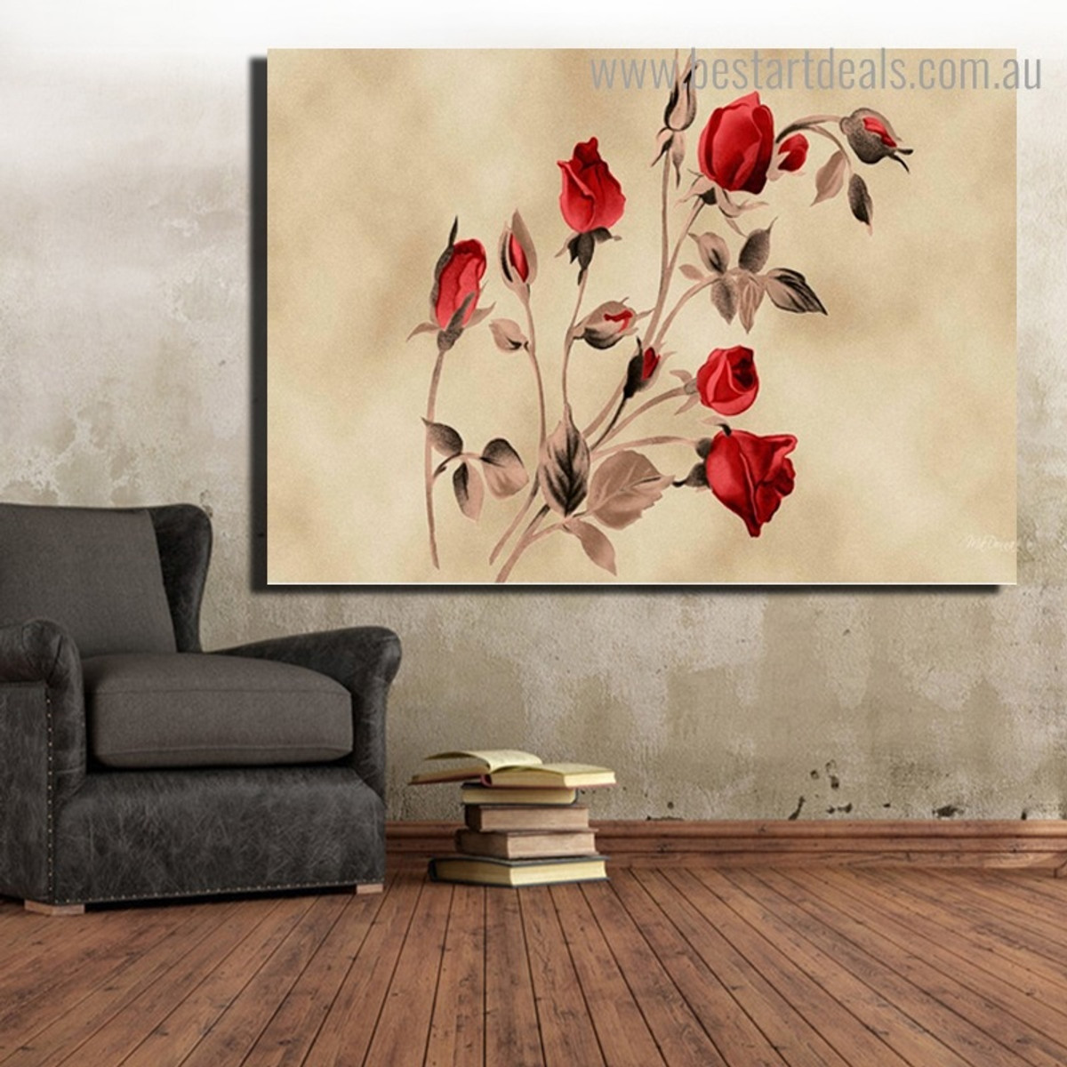 Red Roses Floral Framed Painting Picture Canvas Print for Room Wall Ornament