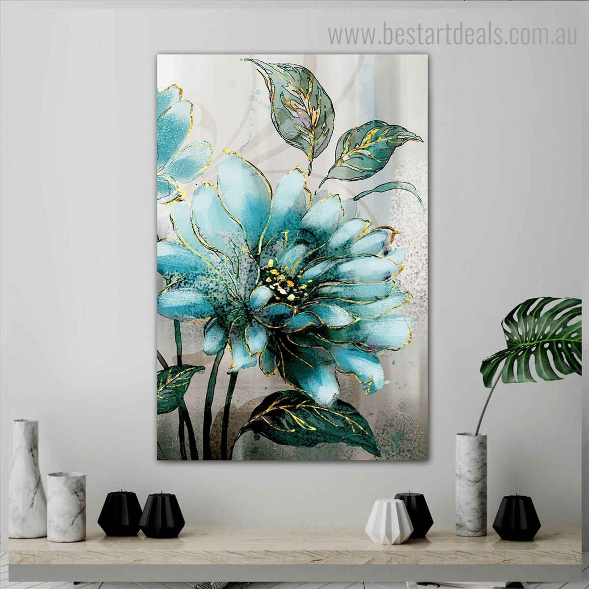 Turquoise Floweret Abstract Botanical Nordic Framed Smudge Portrait Canvas Print for Room Wall Garniture