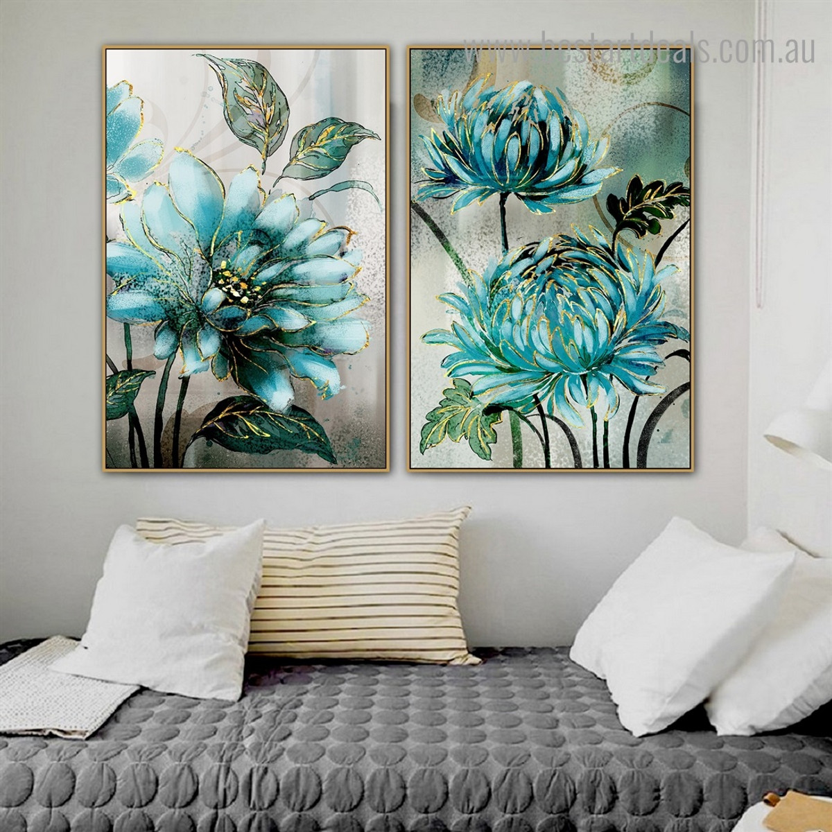 Turquoise Florets Abstract Botanical Nordic Framed Effigy Pic Canvas Print For Room Wall Assortment 