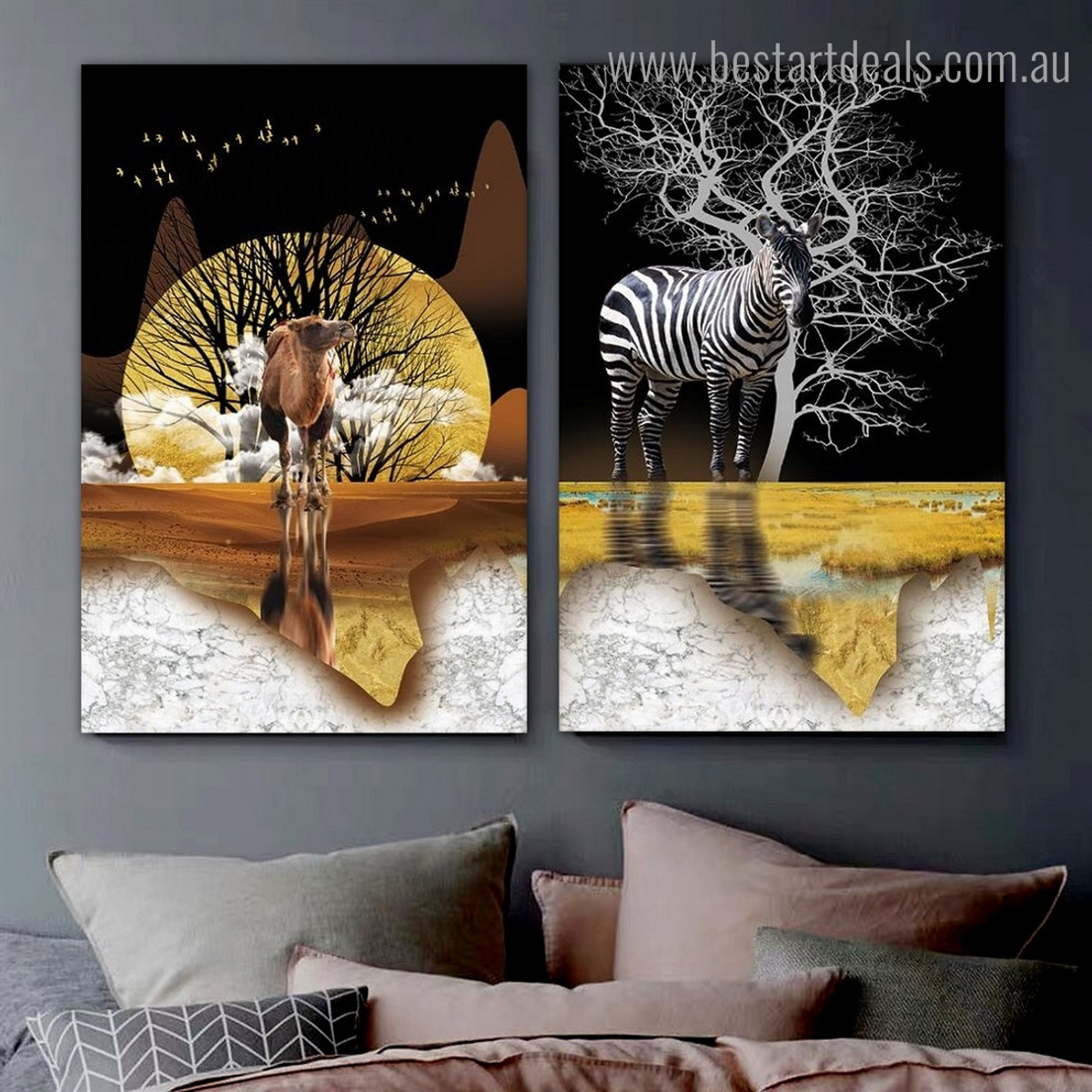 Dromedary Zebra Animal Modern Framed Artwork Photograph Canvas Print for Room Wall Drape