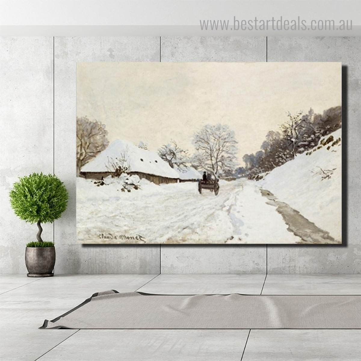 Snowy Road Monet Reproduction Framed Artwork Image Canvas Print for Room Wall Ornament