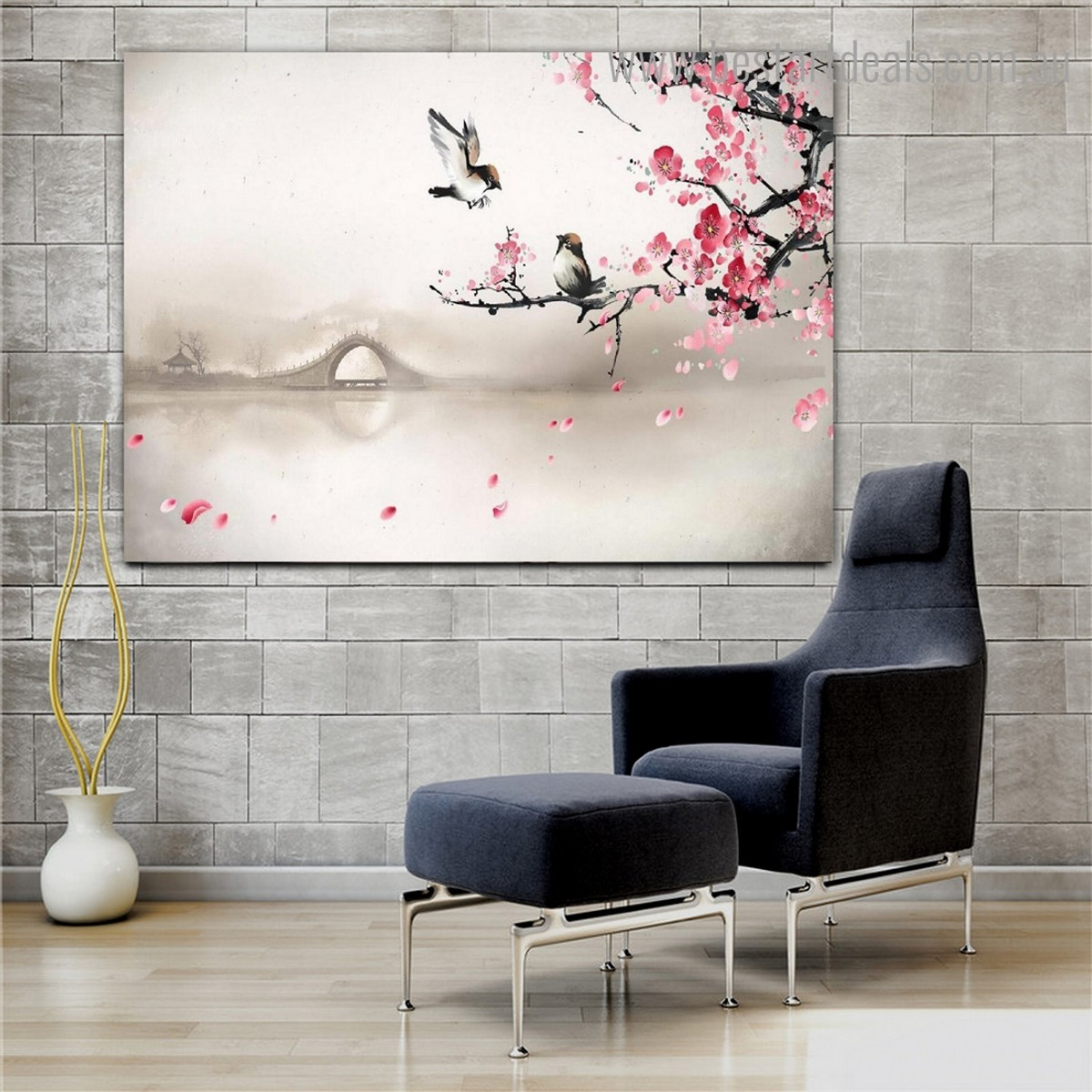 Sparrows Bird Floral Nature Framed Artwork Image Canvas Print for Room Wall Decor