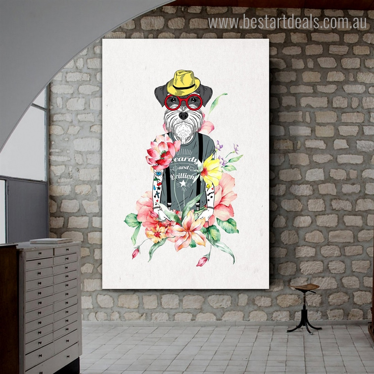Hipster Dog Animal Illustration Modern Framed Painting Photo Canvas Print for Room Wall Decor
