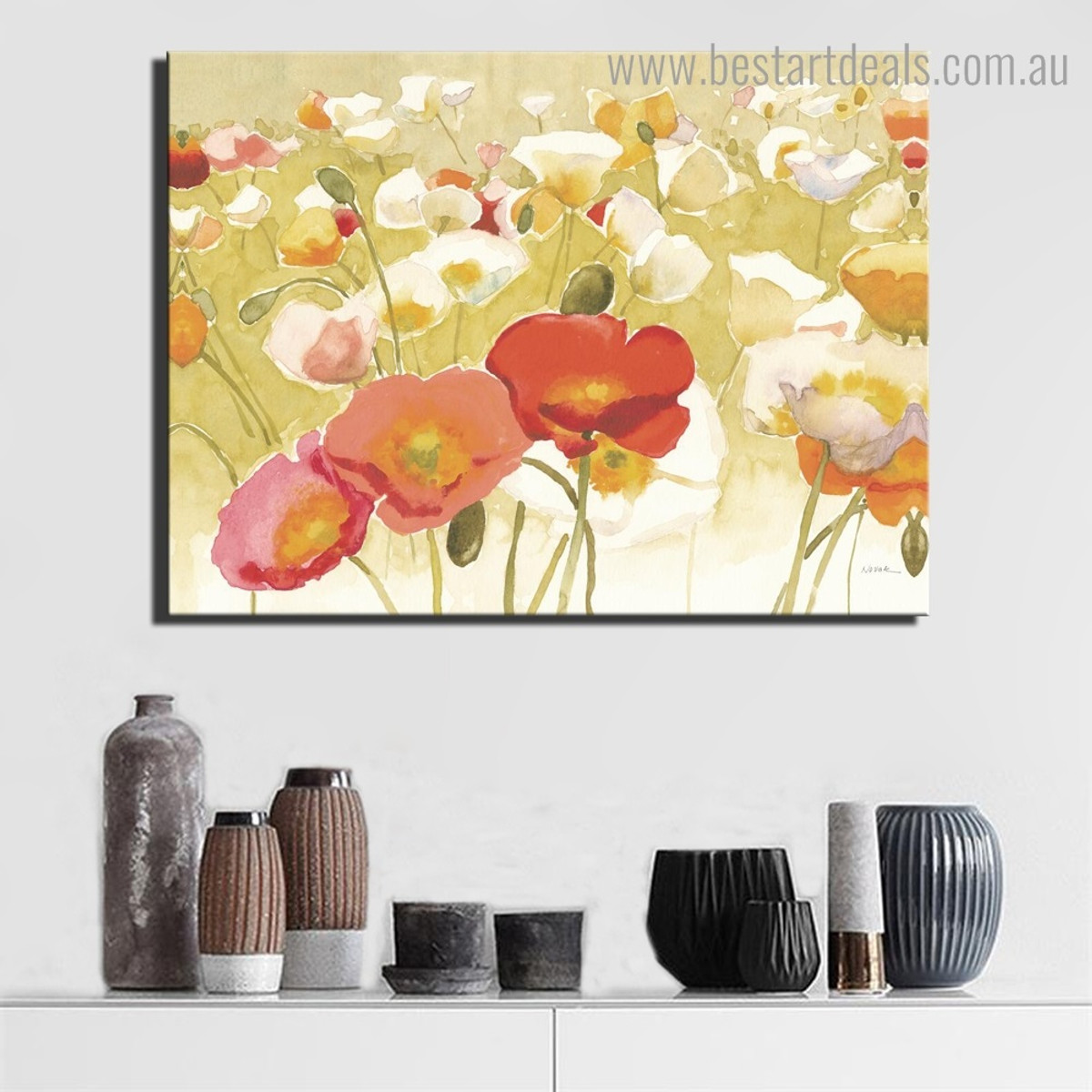 Poppies Garden Abstract Floral Modern Framed Artwork Photo Canvas Print for Room Wall Ornament