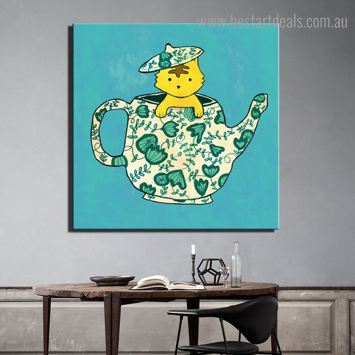 Floral Teapot Abstract Kids Modern Framed Painting Picture Canvas Print for Room Wall Outfit