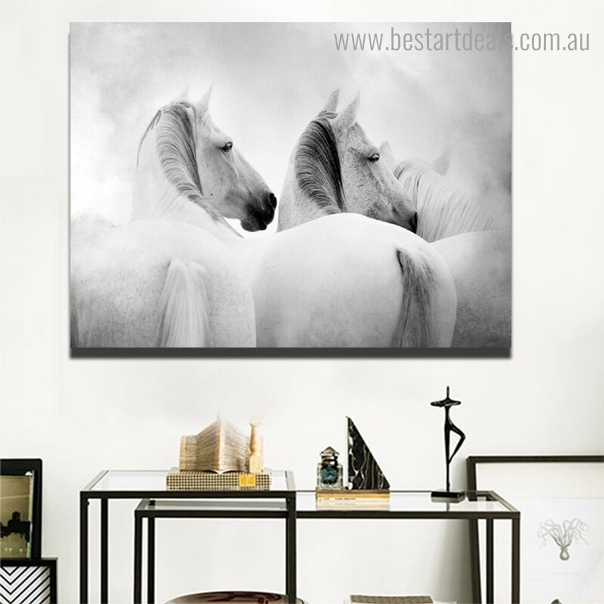 White Equines Animal Modern Framed Smudge Portrait Canvas Print for Room Wall Onlay