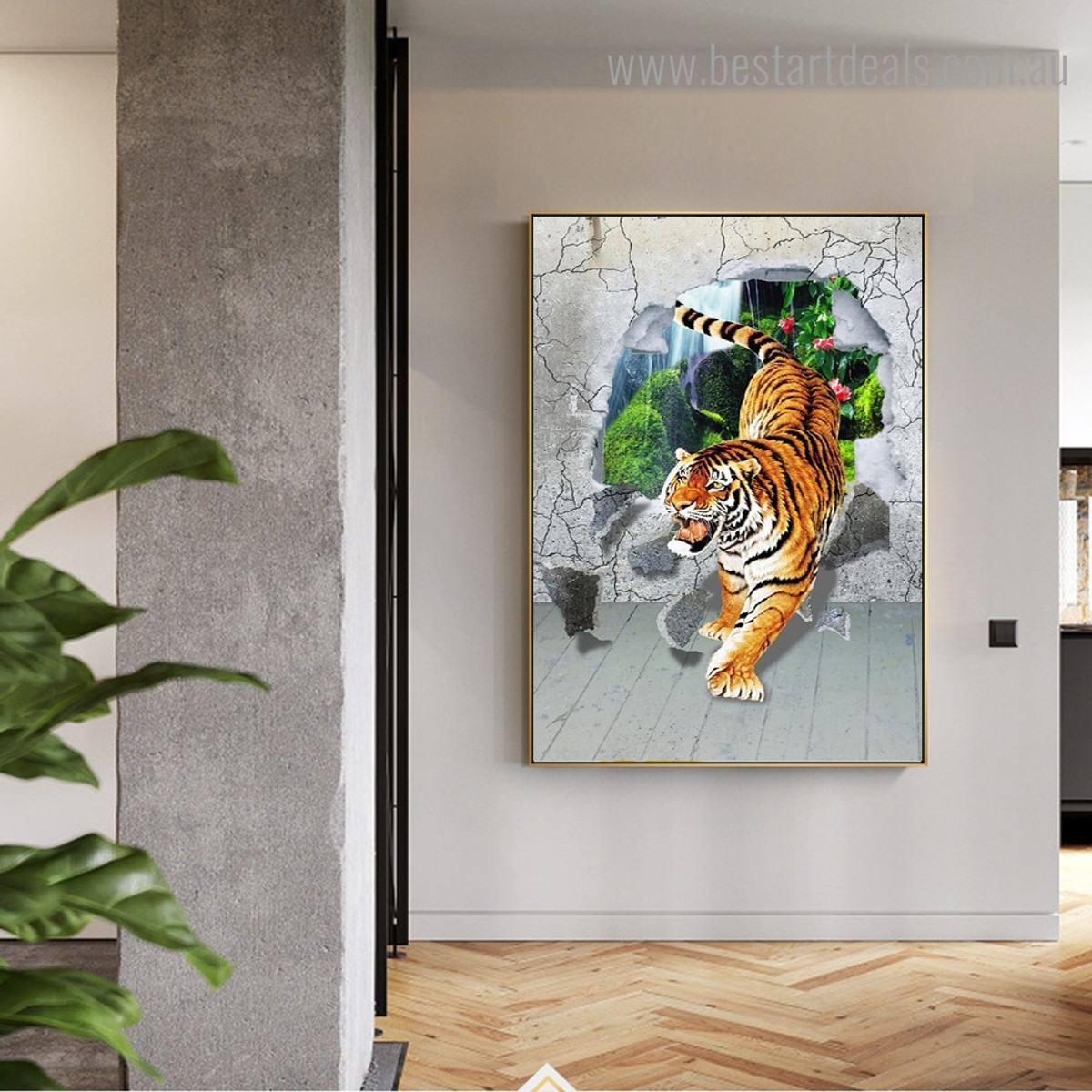 Tiger Broken Wall Animal Kids Modern Framed Artwork Image Canvas Print for Room Wall Tracery