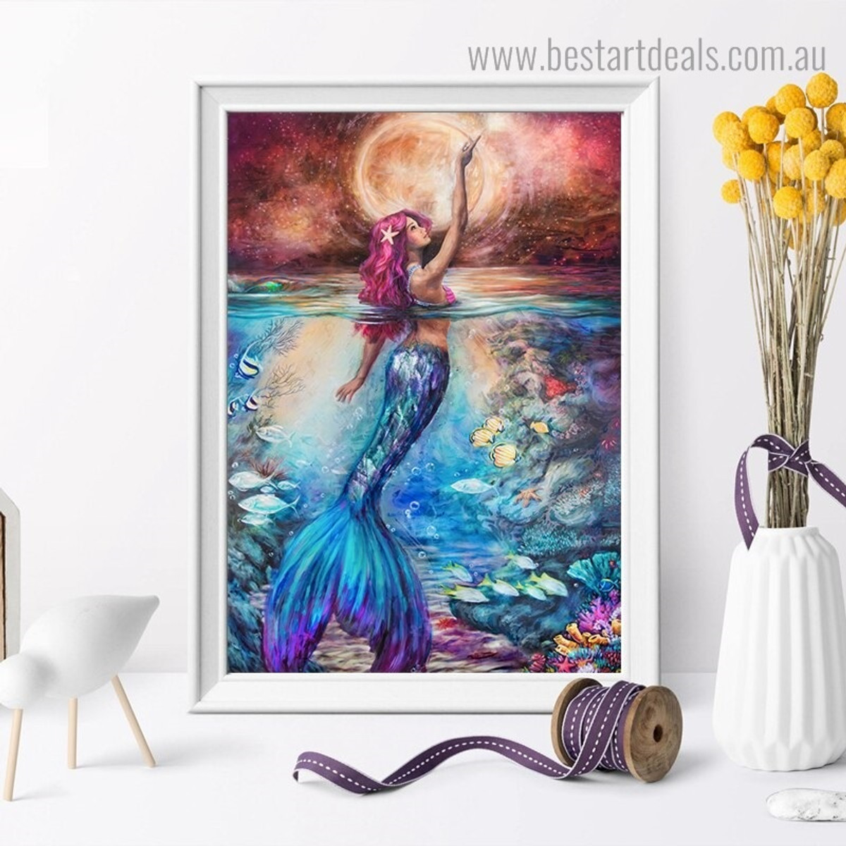 Sea Maid Animal Nature Framed Painting Picture Canvas Print for Room Wall Tracery