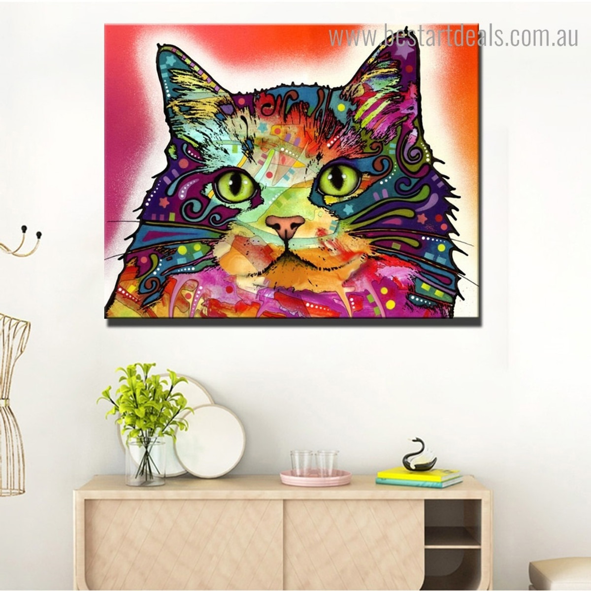 Multicolored Cat Abstract Modern Framed Artwork Pic Canvas Print for Room Wall Flourish