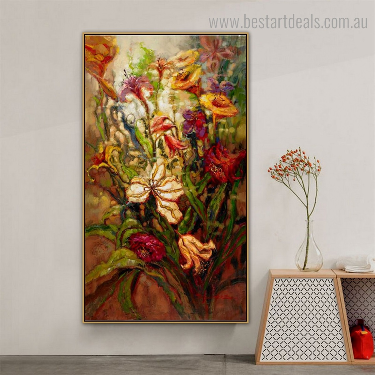 Varicolored Blooms Abstract Impressionist Framed Painting Photo Canvas Print for Room Wall Decor