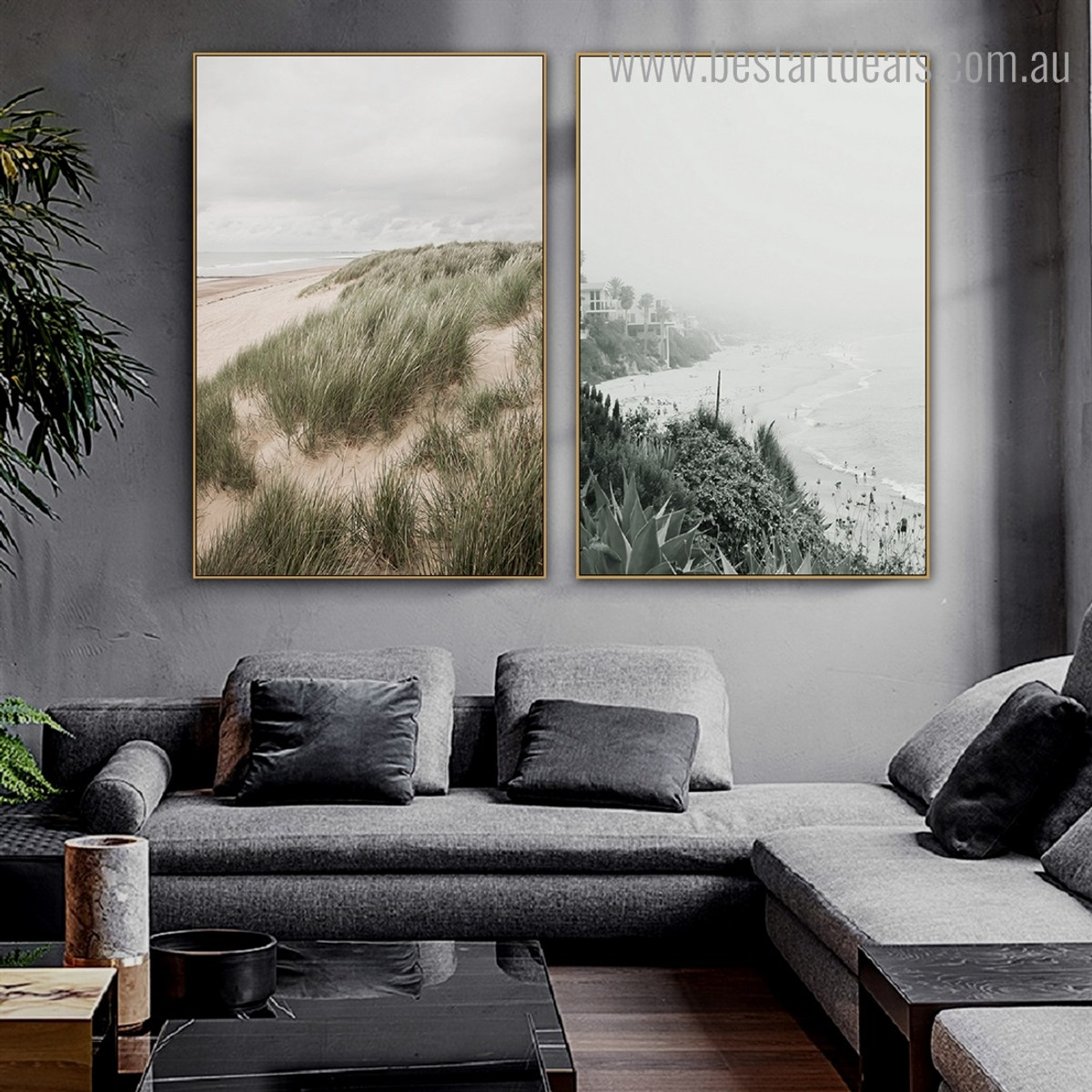 People on Seaside Landscape Nordic Framed Artwork Image Canvas Print for Room Wall Drape