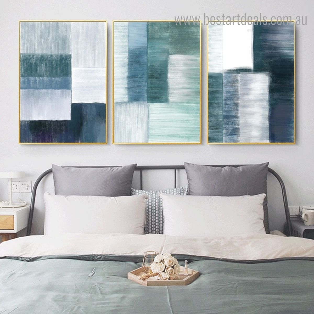 Blue Green Abstract Modern Framed Painting Photo Canvas Print for Room Wall Adornment