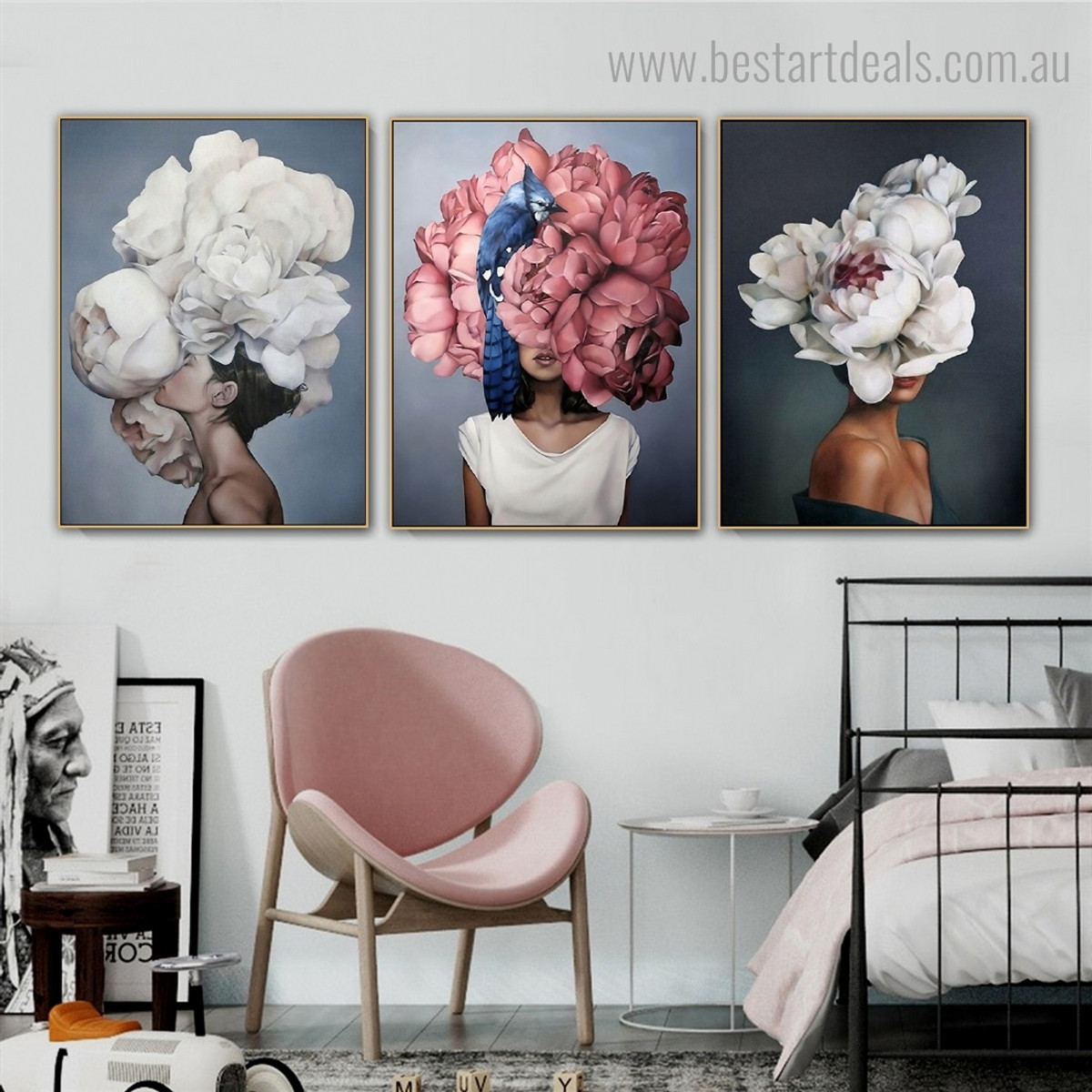 Female Blossoms Pate Figure Floral Modern Framed Painting Photo Canvas Print for Room Wall Decor