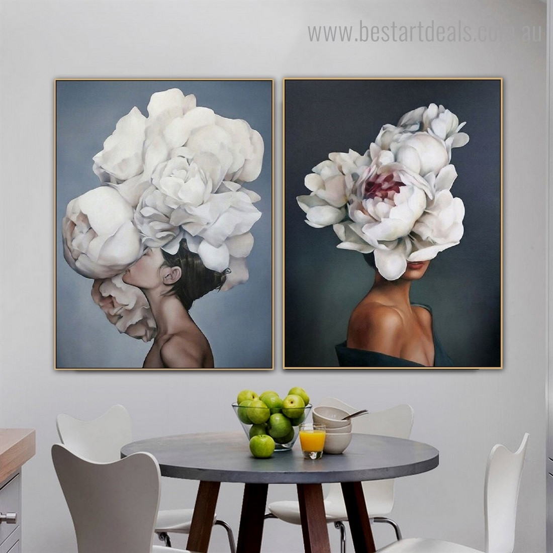White Florets Topknot Figure Floral Modern Framed Painting Portrait Canvas Print for Room Wall Decoration
