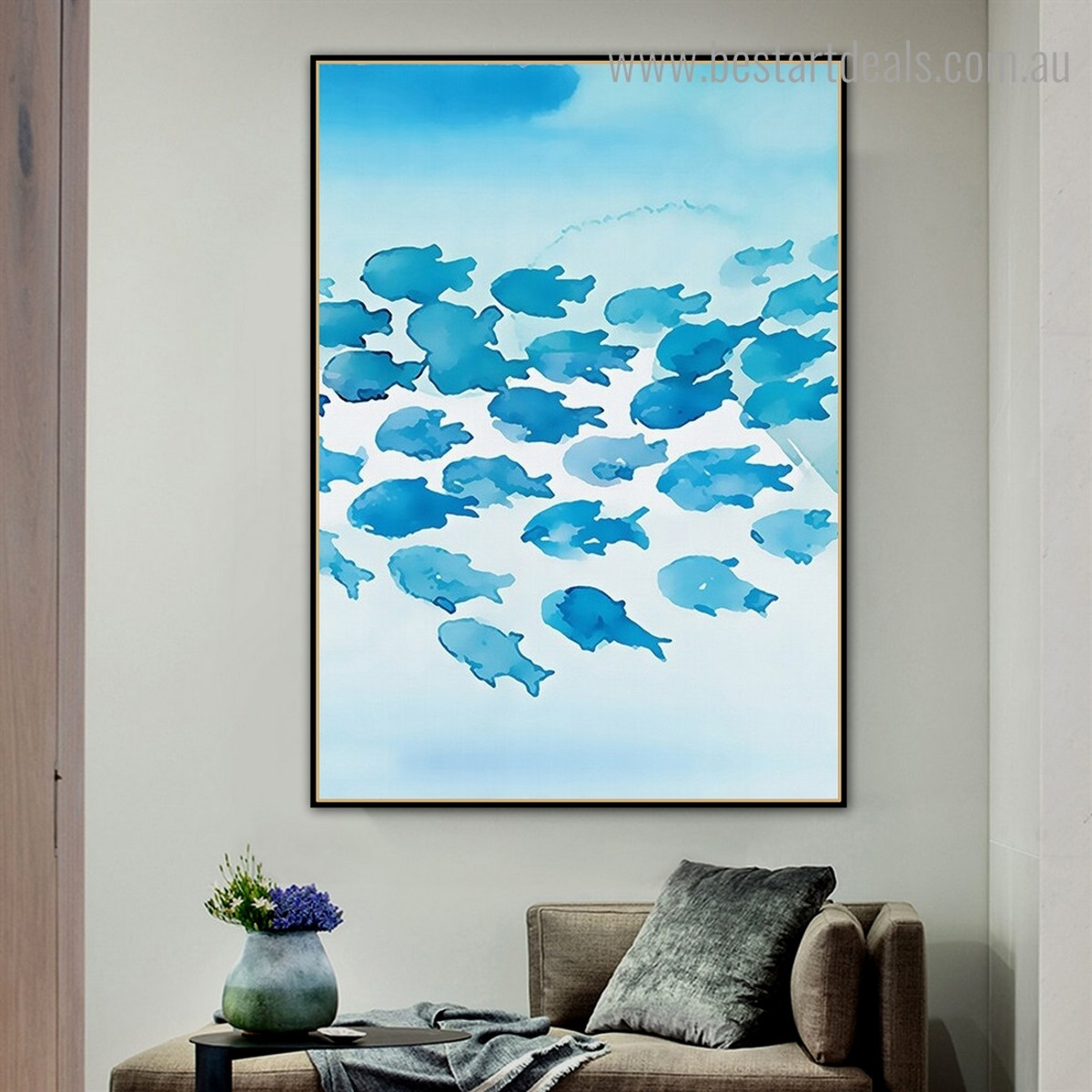 Blue Fishes Abstract Animal Kids Framed Artwork Picture Canvas Print for Room Wall Disposition
