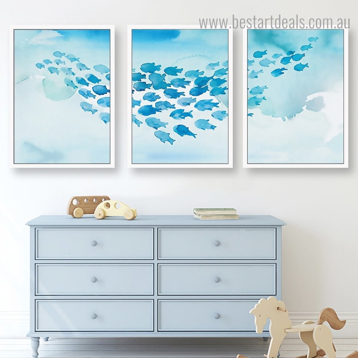 Fishes Group Abstract Animal Kids Framed Artwork Picture Canvas Print for Room Wall Ornamentation