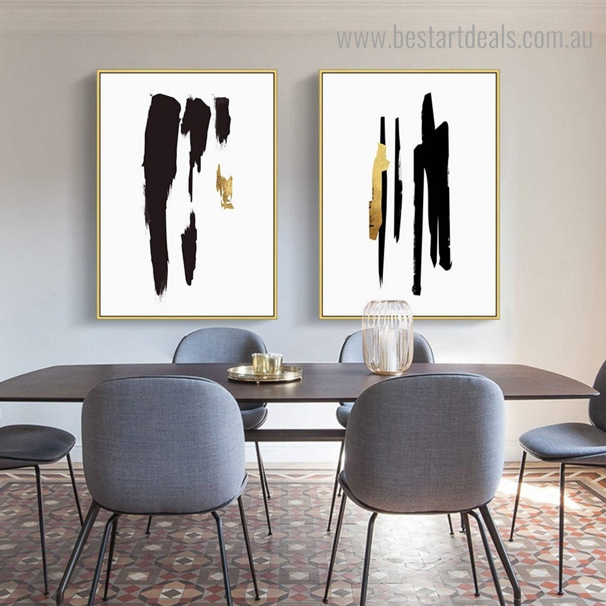 Golden Black Streaks Minimalist Abstract Framed Painting Image Canvas Print for Room Wall Tracery