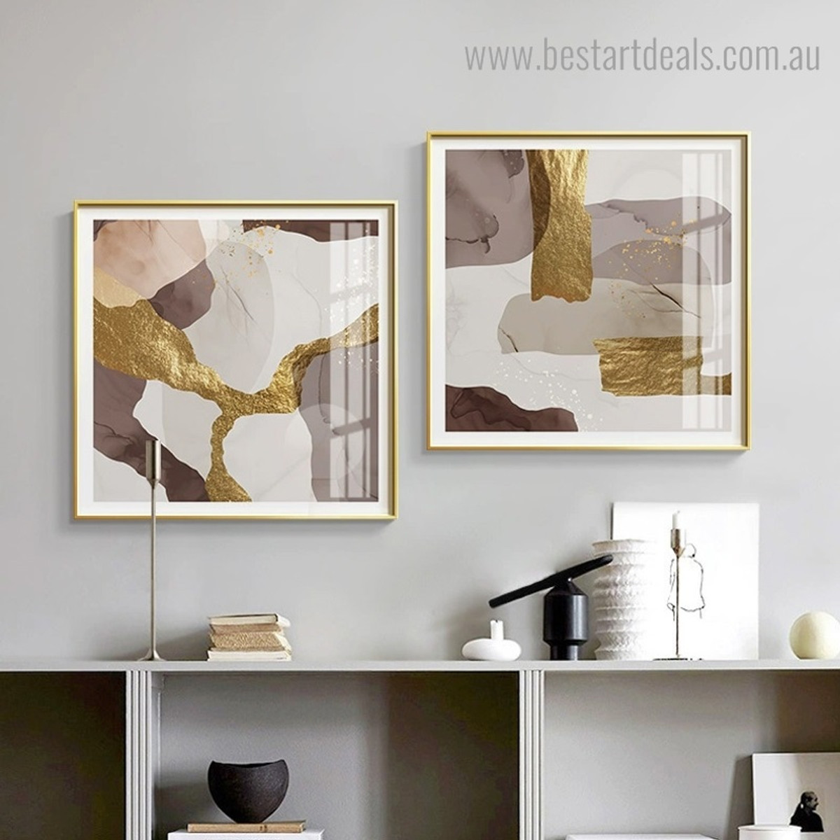 Golden Brown Grey Abstract Contemporary Framed Painting Portrait Canvas Print for Room Wall Decor