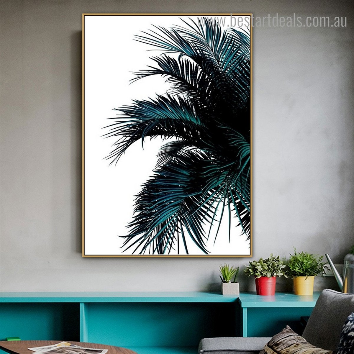 Green Palm Leaves Botanical Contemporary Framed Artwork Photo Canvas Print for Room Wall Decoration