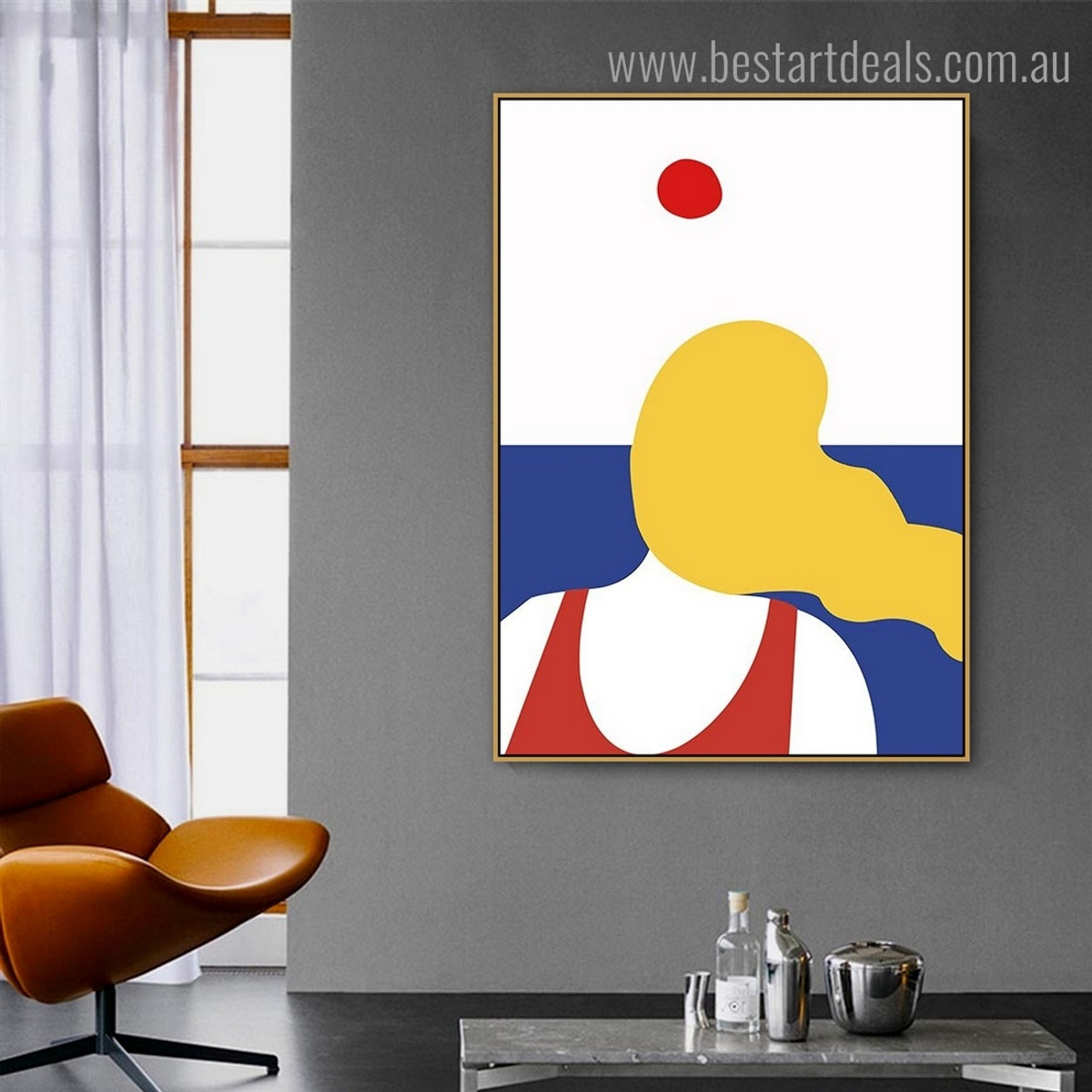 Red Sun Abstract Minimalist Contemporary Framed Artwork Picture Canvas Print for Room Wall Garnish