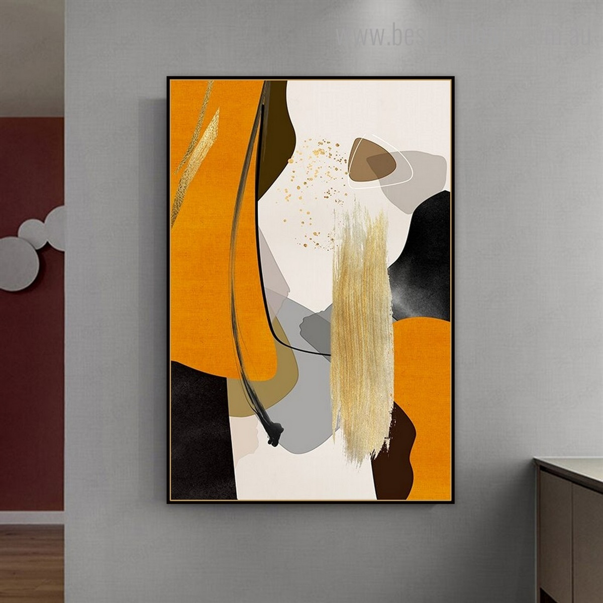 Golden Grey Abstract Contemporary Framed Artwork Image Canvas Print for Room Wall Drape