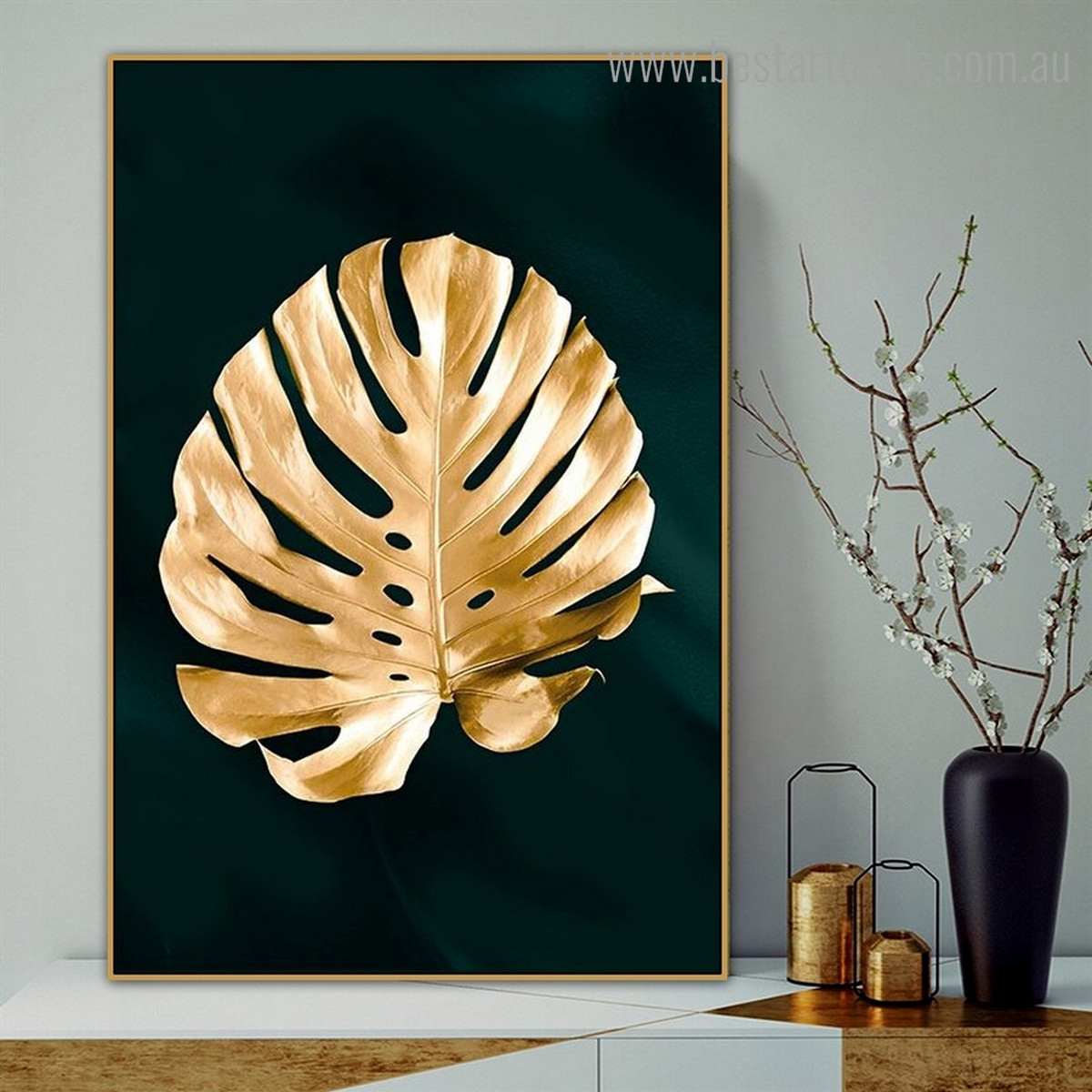 Golden Monstera Abstract Botanical Modern Framed Painting Photo Canvas Print for Room Wall Flourish