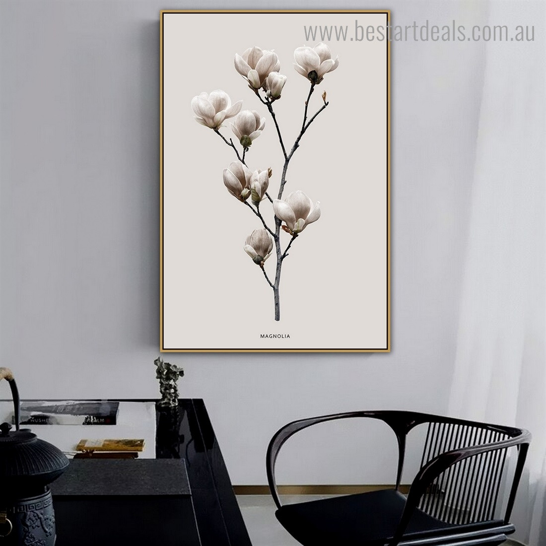 White Magnolia Floral Modern Framed Painting Picture Canvas Print for Room Wall Ornament