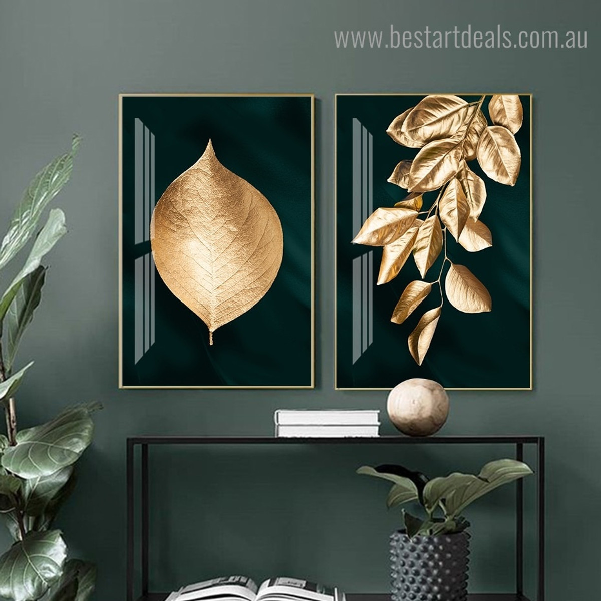 Golden Foliage Botanical Framed Modern Artwork Image Canvas Print for Room Wall Getup