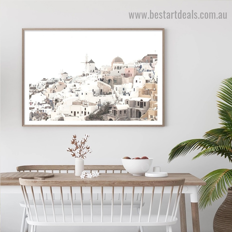 Santorini City Landscape Vintage Framed Painting Picture Canvas Print for Room Wall Decor