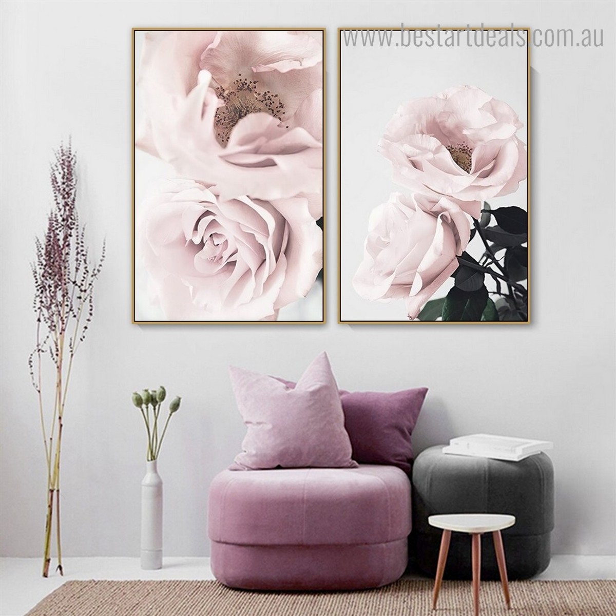 Pinky Roses Floral Contemporary Framed Painting Pic Canvas Print for Room Wall Moulding