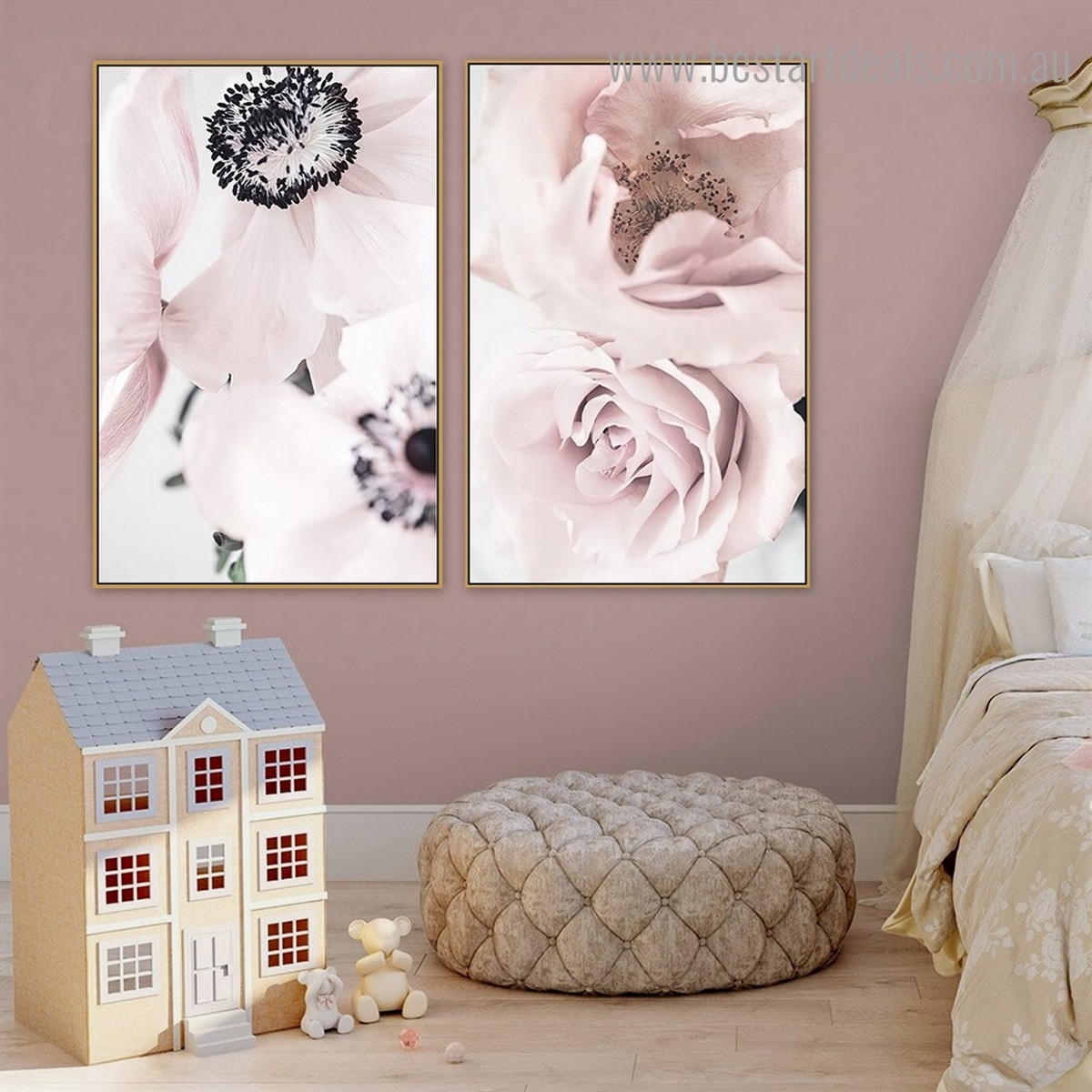 Anemone and Roses Floral Contemporary Framed Painting Portrait Canvas Print for Room Wall Moulding