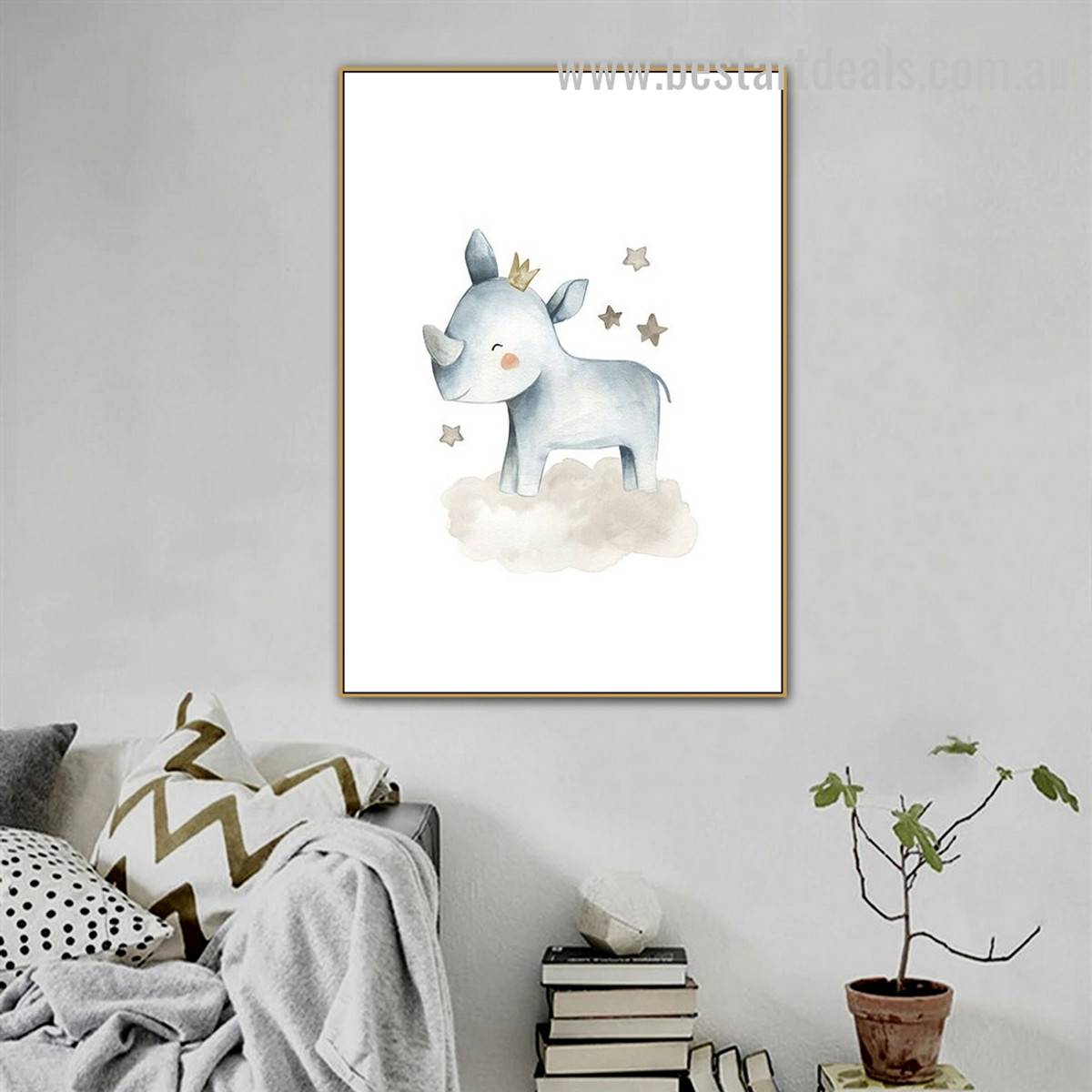 Cute Rhino Animal Abstract Modern Framed Painting Picture Canvas Print for Room Wall Décor
