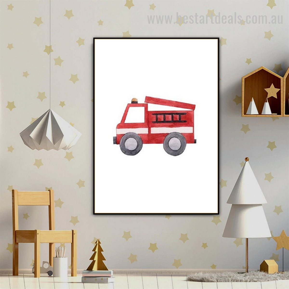 Fire Truck Kids Watercolor Framed Painting Image Canvas Print for Room Wall Ornamentation